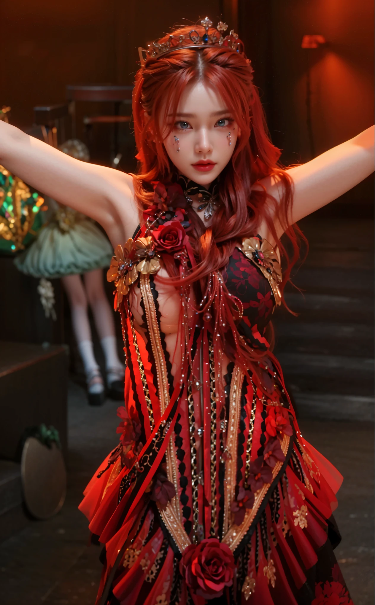 A woman,red tinted hair,Beautiful appearance,Beautiful looks,Open your hands as if embracing the world