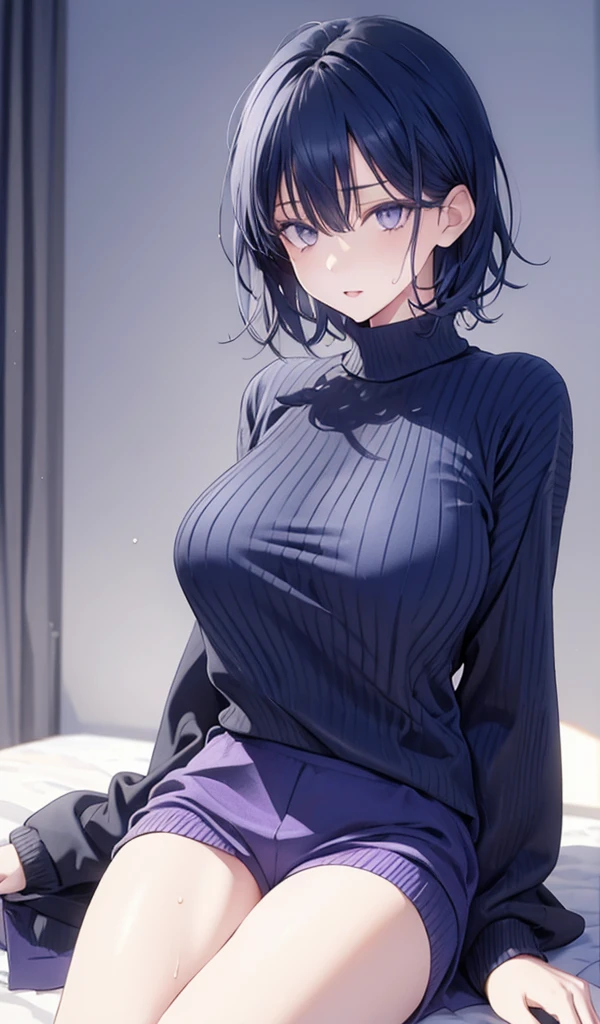 (1 person、solo), Beautiful woman, (Anatomically perfect body), Slender、(Tight-fitting turtleneck sweater, detailed panty), (Lying on the bed), (legs up:1.1), (Pussy juice:1.1), 18-year-old、(Look to the side:1.2)、(Highest quality)、Detailed beautiful eyes、Black Hair, short hair, bedroom、(8k, High resolution)、(shy:1.3)、Mid-chest, (steam:1.1), erect nipples、(embarrassed:1.4)