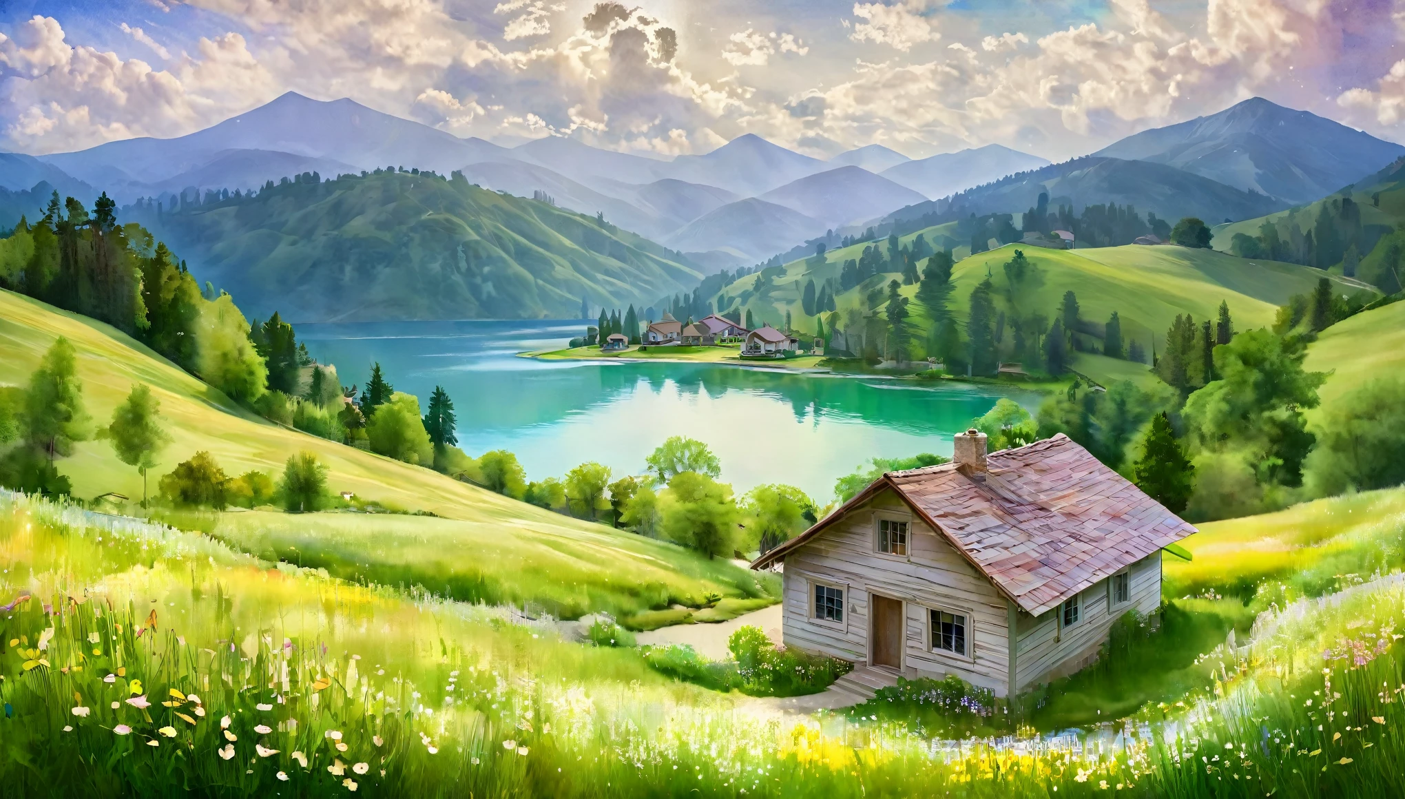 Capture the essence of an unfinished watercolor sketch on paper, showcasing a small house nestled within a breathtaking valley, a lake, iridescent clouds, tiny flowers surrounded, intricate mountains at the distance, soft focus and gentle strokes evoke a sense of whimsy and charm. The simple background features rolling hills in shades of 1.2 (a muted beige), subtly framing the dwelling as it rises from the landscape. A delicate wash of blue and green hues infuses the scene with a dreamlike quality.