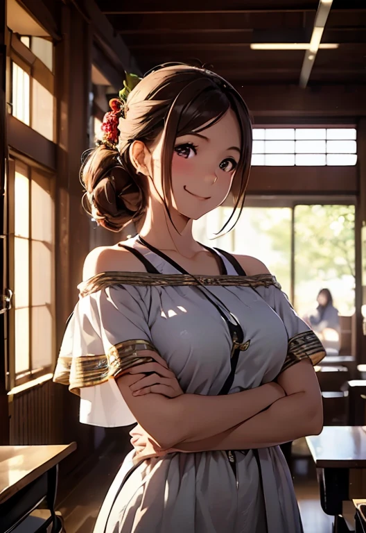 High resolution,In 8K,Best Quality,detailed,Semi-realistic anime,Anime 3D Style,Smooth anime CG,One Girl,One Japanese woman,slim,Modeled,Shiny brown hair,((Medium length hair up to shoulders)),((Laurel wreath)),detailedな顔,Beautiful and detailed,Glowing Skin,In the woody room,((Female college student)),(((Ancient Greek women&#39;s clothing))),((Walking on old railroad tracks)),(((Roman temple))),straggling hair,Angelic hairstyle,(Small breasts),((Deep violet sparkling eyes)),(()),(((Shut your mouth.))),((Smile))