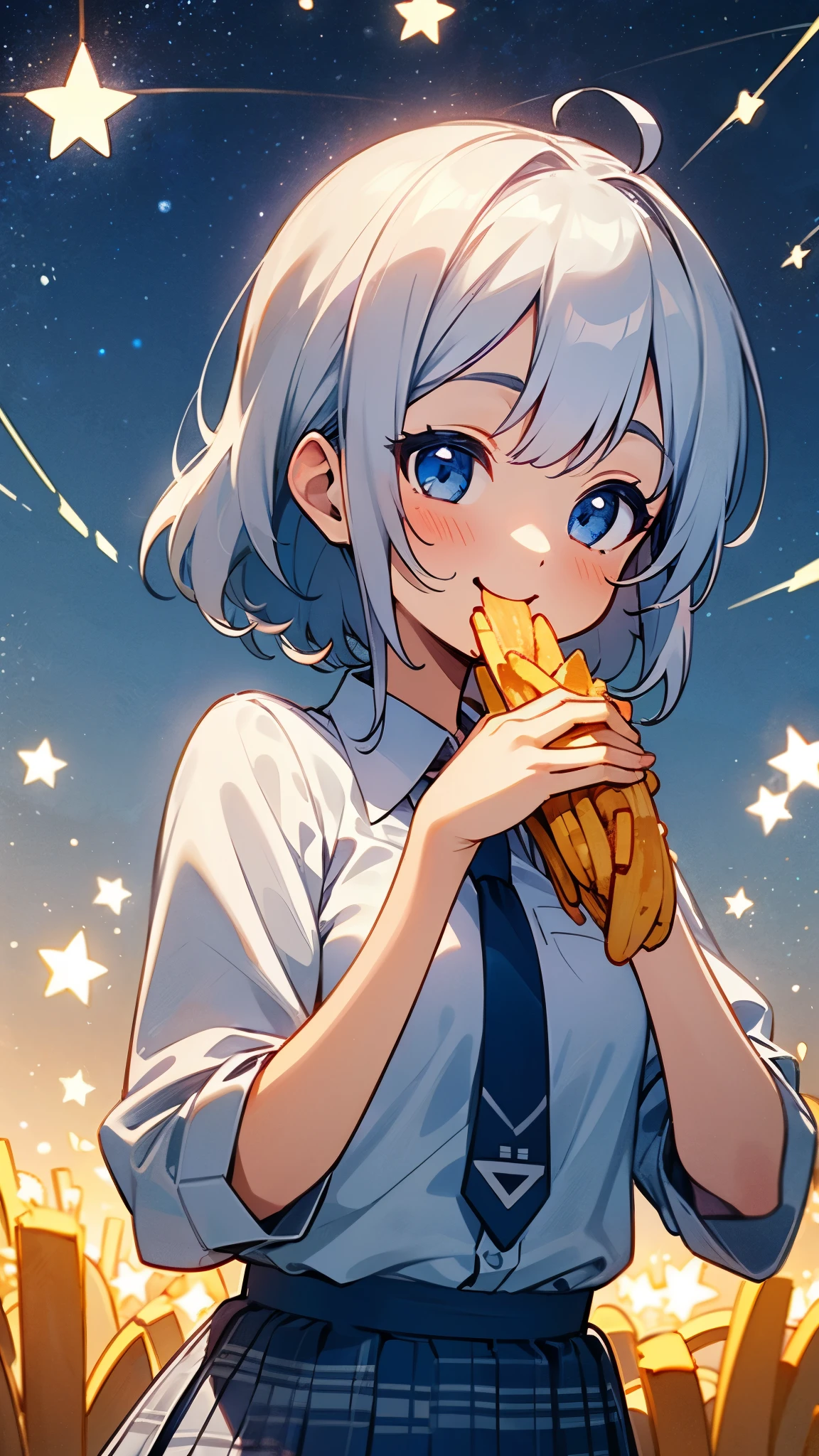 1 Girl、One person、Depth of written boundary:1.2、Blue tie、White shirt、Blue pleated skirt、Gingham Check Skirt、Silver Hair、Big Blue Eyes、smile、really like、happiness、Eating french fries、Upper body close-up、((Outdoor、Starry sky background))、Sharp contours