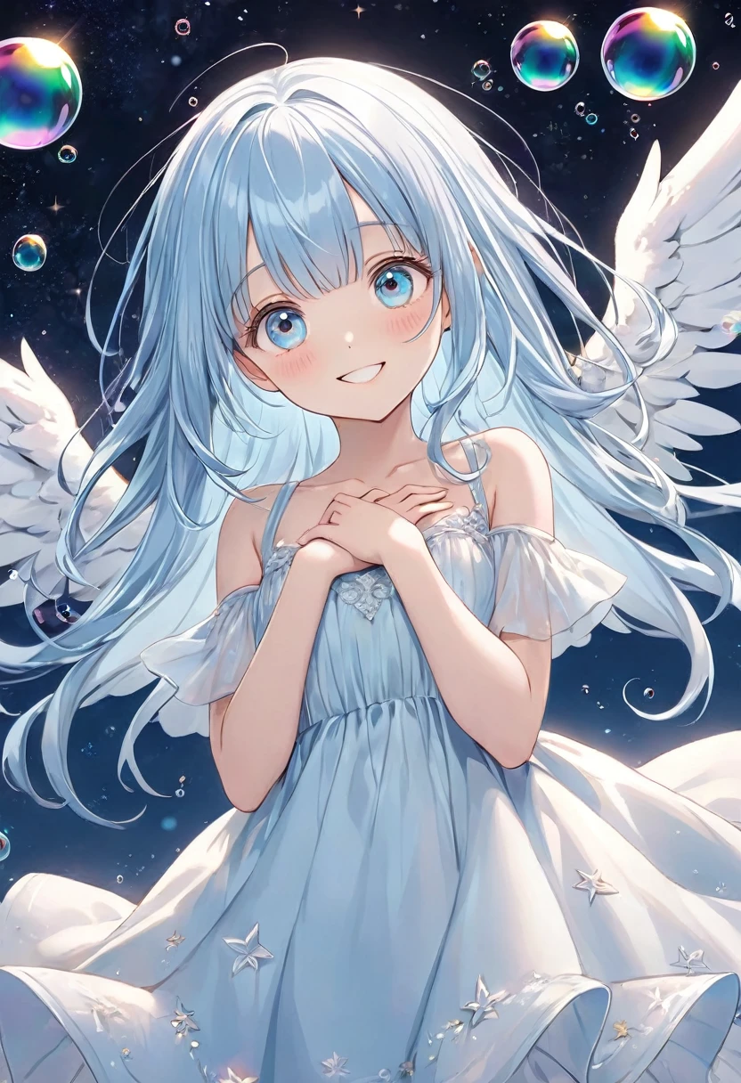 masterpiece, best quality, extremely detailed, (illustration, official art: 1.1), 1 girl, ((light blue long hair)), (blush)), cute face, big eyes, masterpiece, best quality, (((a very) Delicate and beautiful girl)))), amazing, beautiful detailed eyes, blunt bangs (((little delicate girl))), ((tareme))), droopy eyes. (true beautiful: 1.2), sense of depth, affectionate smile, (true beautiful: 1.2), (tiny 1girl model: 1.2), (flat chest), (Girl floating in the starry sky)), ((Multiple Bubbles)), ((Beautiful) Girl in the Middle)), ((The Girl Has Big Wings)), ((The Girl Smiles Her Eyes and Smiles Wears)), ((She Has Her Hands on Her Chest)) ((She Is Wearing a Dress))
