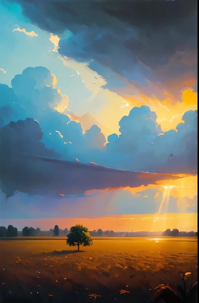 Cumulonimbus clouds in the dusk sky，Rye field lateral path，away looking，Wide perspective，Intense color，The sky occupies most of the frame，Look up at the perspective，Depth