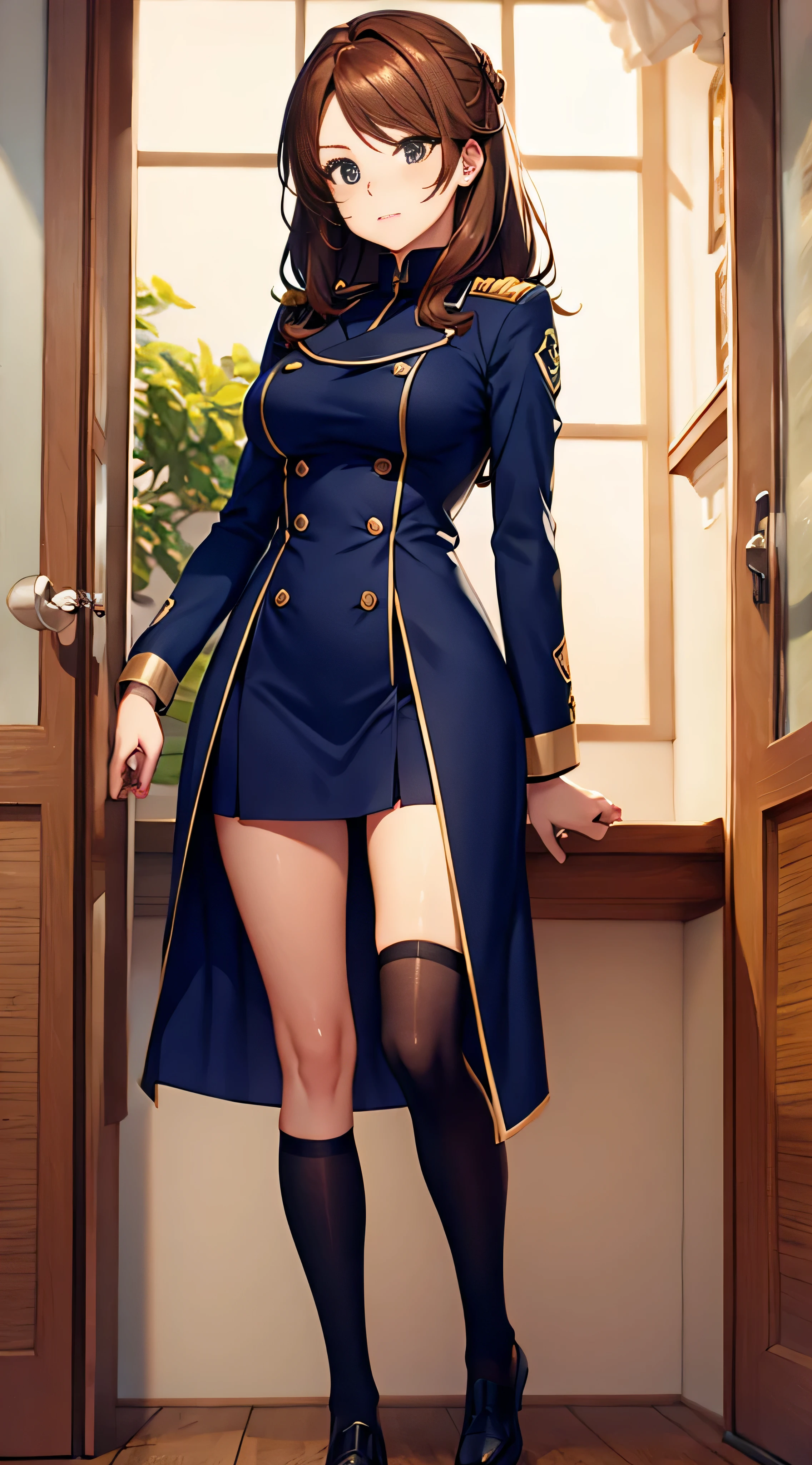 Marie , Chestnut Hair , Facial details , Navy blue Freedom uniform, Have ,Full body high quality images