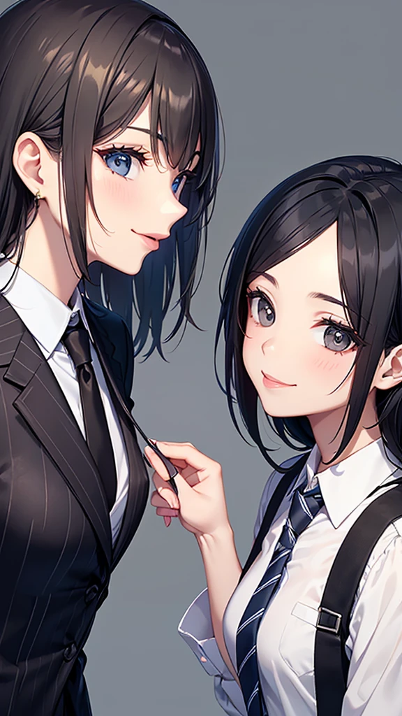 two sexy bubbly and cheerful women in office outfits, kneeling, short, bun tied black hair, happy opened mouths, portrait, close up faces, view from above