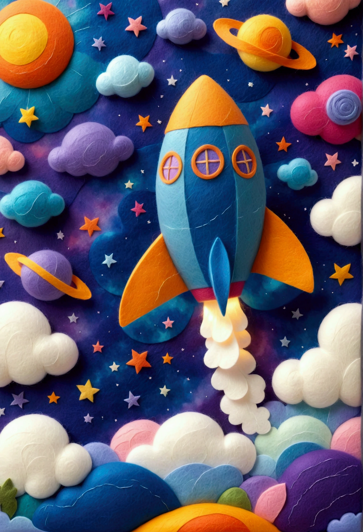 A felt rocket flies into a dreamy universe, surrounded by felt stars and felt nebulae, showcasing gentle handmade details and color gradients. It adopts a warm felt art style, emitting soft light and shadow interlacing, and presenting the texture of felt through fine digital rendering