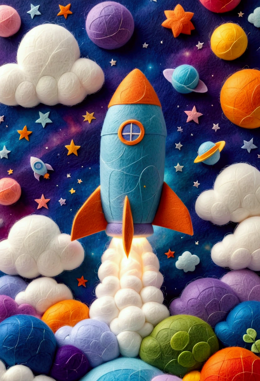 A felt rocket flies into a dreamy universe, surrounded by felt stars and felt nebulae, showcasing gentle handmade details and color gradients. It adopts a warm felt art style, emitting soft light and shadow interlacing, and presenting the texture of felt through fine digital rendering