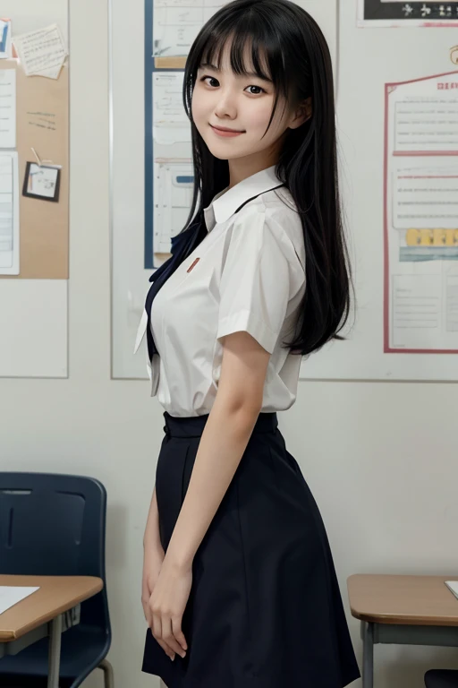 Draw in detail，Best Quality，8k，Japanese，high school student，Long black hair，She has her bangs down，Super big breasts，Extraordinary size boobs，L cup，low length，Breast Tent，Black-rimmed round glasses，Plump thighs，An innocent smile，Student Uniform，round face，beautiful girl，Standing in classroom，Arms folded under chest，Drawing from the side