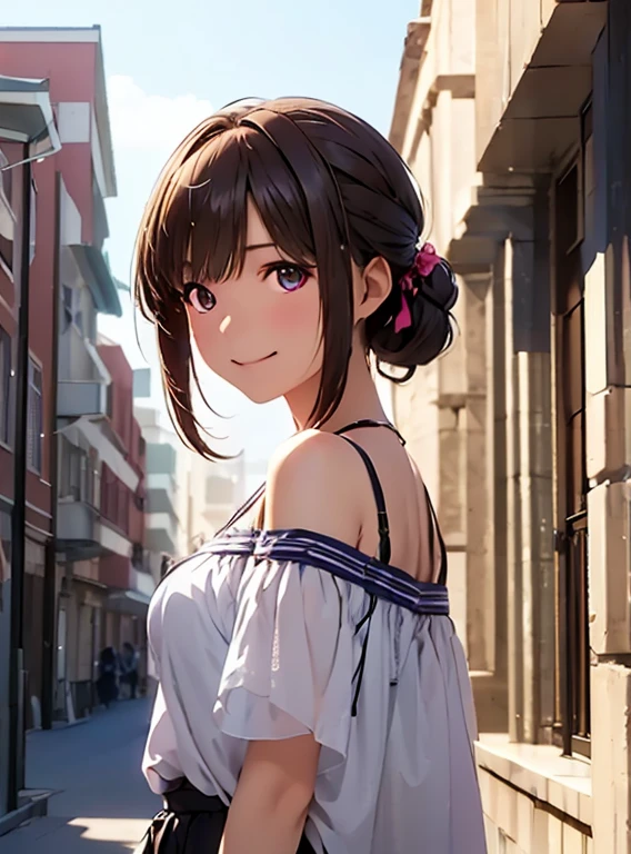 High resolution,In 8K,Best Quality,detailed,Semi-realistic anime,Anime 3D Style,Smooth anime CG,One Girl,One Japanese woman,slim,Modeled,Shiny brown hair,((Angelic hairstyle)),((Medium length hair up to shoulders)),((Hair accessories)),detailedな顔,Beautiful and detailed,Glowing Skin,((Female college student)),(((Ancient Greek women&#39;s clothing))),(((Roman temple))),straggling hair,Angelic hairstyle,(Small breasts),((Deep violet sparkling eyes)),(((Shut your mouth.))),((Smile))