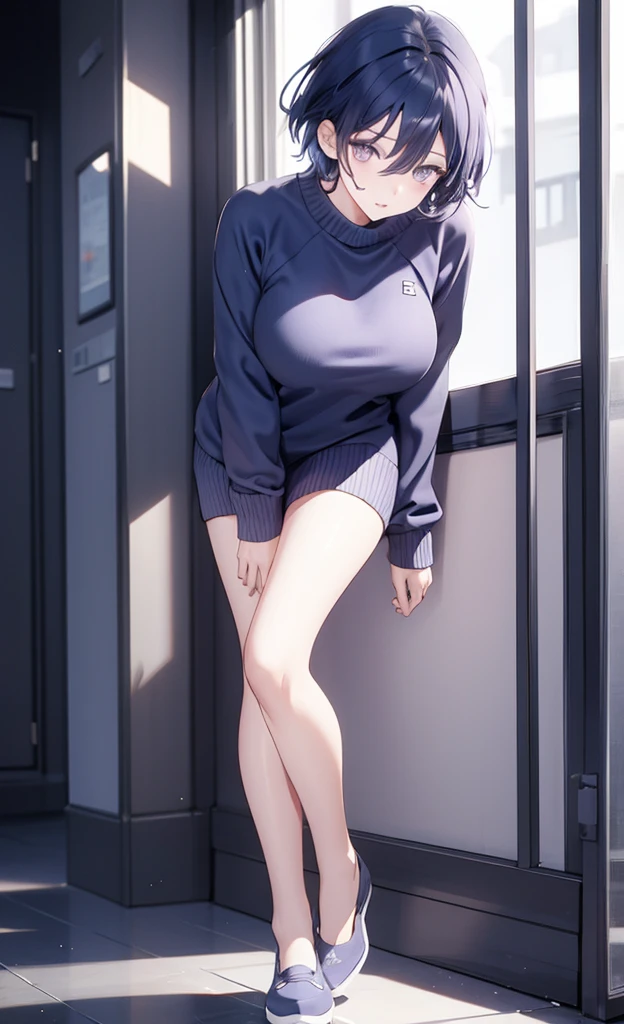 (Masterpiece, Best Quality:1.5), full body, (ultra detailed, high resolution, 8k, Beautiful detailed, UHD, best anatomy), 1 pretty girl, black fur, medium breasts, sleeves beyond the fingers, sagging clothes, Oversized sweatshirt, , leather boots, showing naked pussy,