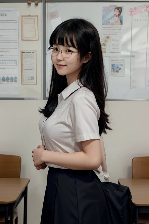 Draw in detail，Best Quality，8k，Japanese，high school student，Long black hair，She has her bangs down，Super big breasts，Extraordinary size boobs，L cup，low length，Breast Tent，Black-rimmed round glasses，Plump thighs，An innocent smile，Student Uniform，round face，beautiful girl，Standing in classroom，Arms folded under chest，Drawing from the side