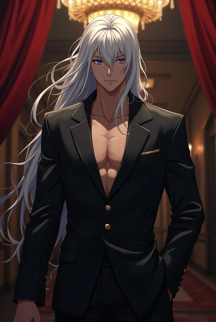 Elfo alto e definido, cabelos prateados e olhos roxos, shirtless and loose pants with a serious face