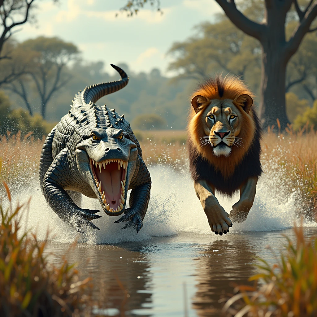 Battle on the Riverside: Realistic 3D video shows a male lion with a thick mane fighting a crocodile on a muddy river bank.. The lion leaps with incredible strength, scratching the crocodile's back, and finally sank his fangs into the crocodile's bleeding neck, making the crocodile lose and fall to the ground.