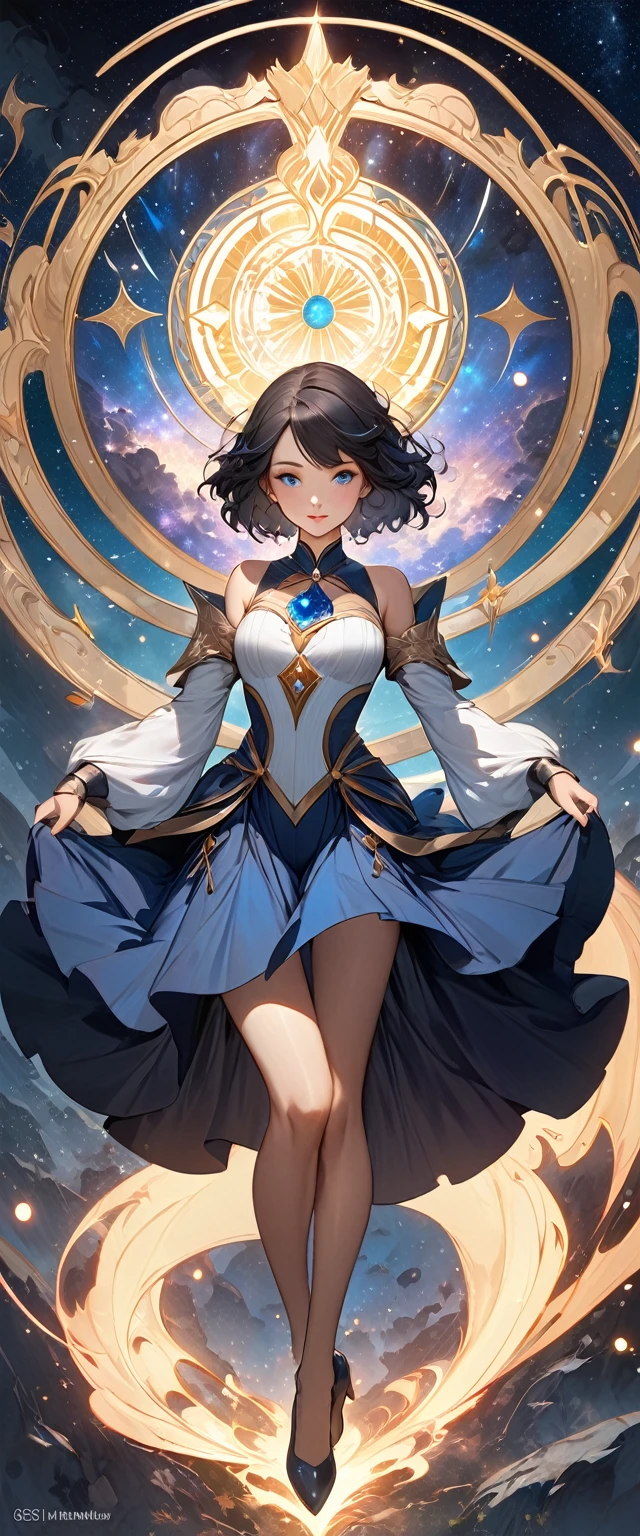 8k resolution, masterpiece, Please redeem, Award-winning works, Unrealistic, From above, Only sexy women, healthy shaped body, 2, Height: 165cm, Large, firm, swaying bust,, Black short hair, break, Mysterious blue eyes, Standard nose, Eyeliner, Pink Lips, Sexy long legs, Beautiful Skin, holy knight, Holy Sword in Flames, Royal Crest, elegant, Very detailed, Delicate depiction of hair, Miniature painting, DIGITAL PAINTING, artステーションコンセプトart, , Sharp focus, shape, artジャム、Greg Rutkowski、Alphonse Mucha、William Adolphe Bouguereau、art：Stephanie Law , Royal Jewel, nature, Symmetric, Greg Rutkowski, Charlie Bowater, Unrealistic, Surreal, dynamic lighting, ファンタジーart, Complex colors, Colorful magic circle, flash, Dynamic sexy pose, A kind smile, Mysterious background, aura, A gentle gaze, break, Small faint lights and flying fireflies, night, lanthanum, 山の頂From above下界を見下ろす, Starry Sky, milky way, nebula, Shooting Star