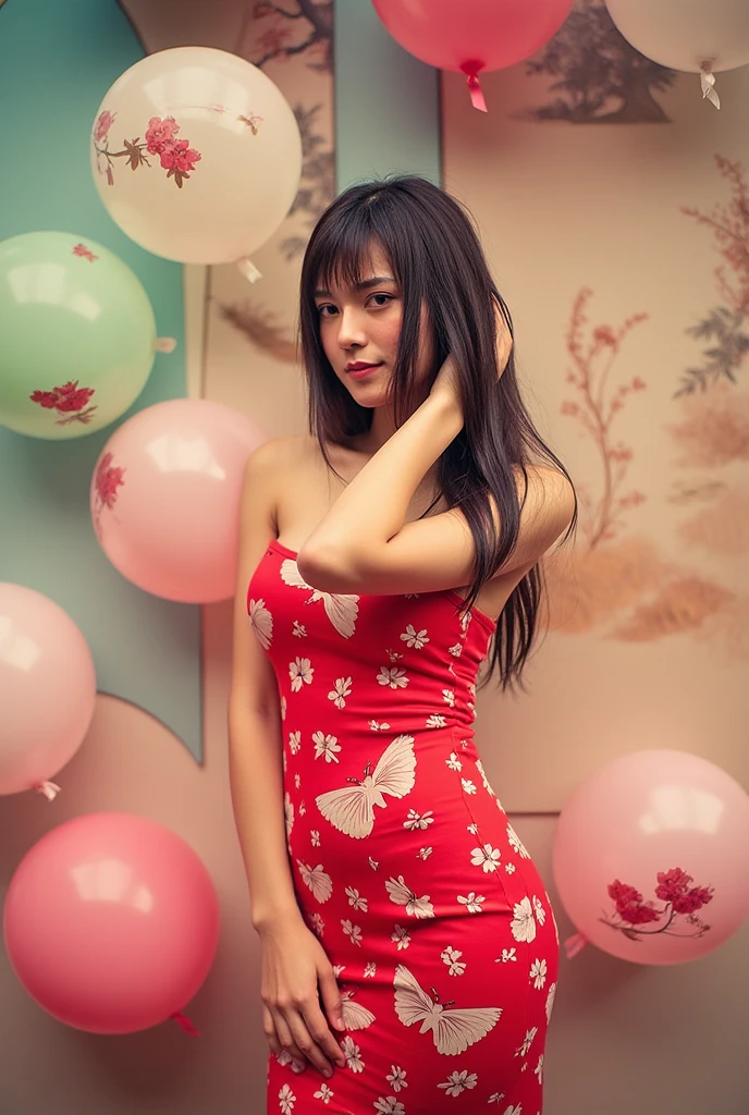 A dramatic wide portrait photo shot indoor, beauty shot on mamiya R67 with 35mm lens f-1.4, photo selfie from a pretty young indonesian women in the middle a ton of floating random balloons with Japanes painting art wall background, she is stood and lean with warm expression, wearing red strapless dress with Japanese paint art pattern, fashionable, huge breast, messy long wet hair covering face, intricate dramatic pose, poetic style, real life, Windy atmosphere, soft sunlight, shadow lines tracing coming to her, very ultra highly detailed, sharp focus, extremely high quality photo, film bokeh, kodak analog film looks, perfect result, perfect view, real analog film photo