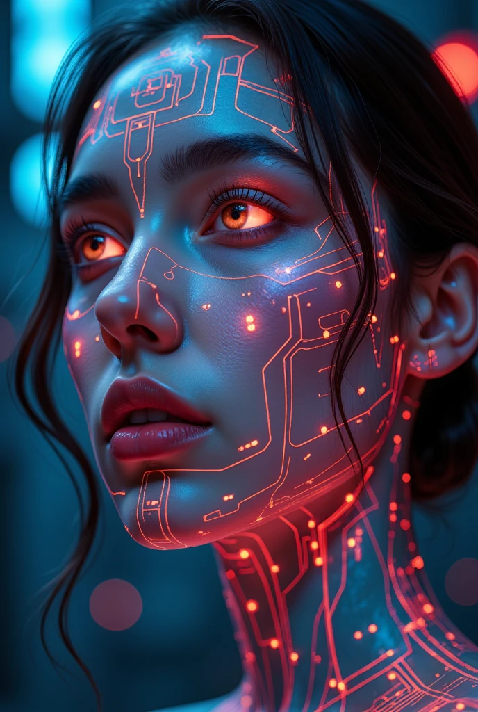 A beautiful woman，Her face is covered with glowing circuits and symbols, Detailed and complex circuits, Vivid neon colors, Futuristic cyberpunk style, movie lighting, Digital Art, 8K, Surrealism, masterpiece