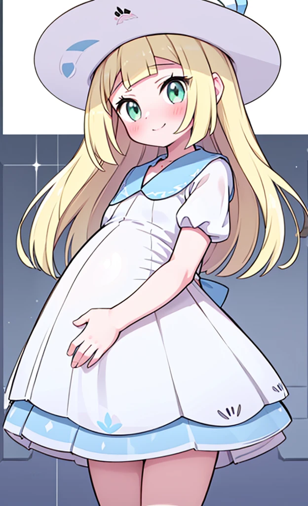 masterpiece,best quality,1 girl,Alone,blush with embarrassment,lillie,Pokémon,White Pleated Dresses,White clothes with light blue collar,Pokémon-style art,(boldline:1.6),(deluster:1.5),(flat:1.5),White wide-brimmed hat, pregnant, pregnancy, pregnant belly, embarazada, smile. 