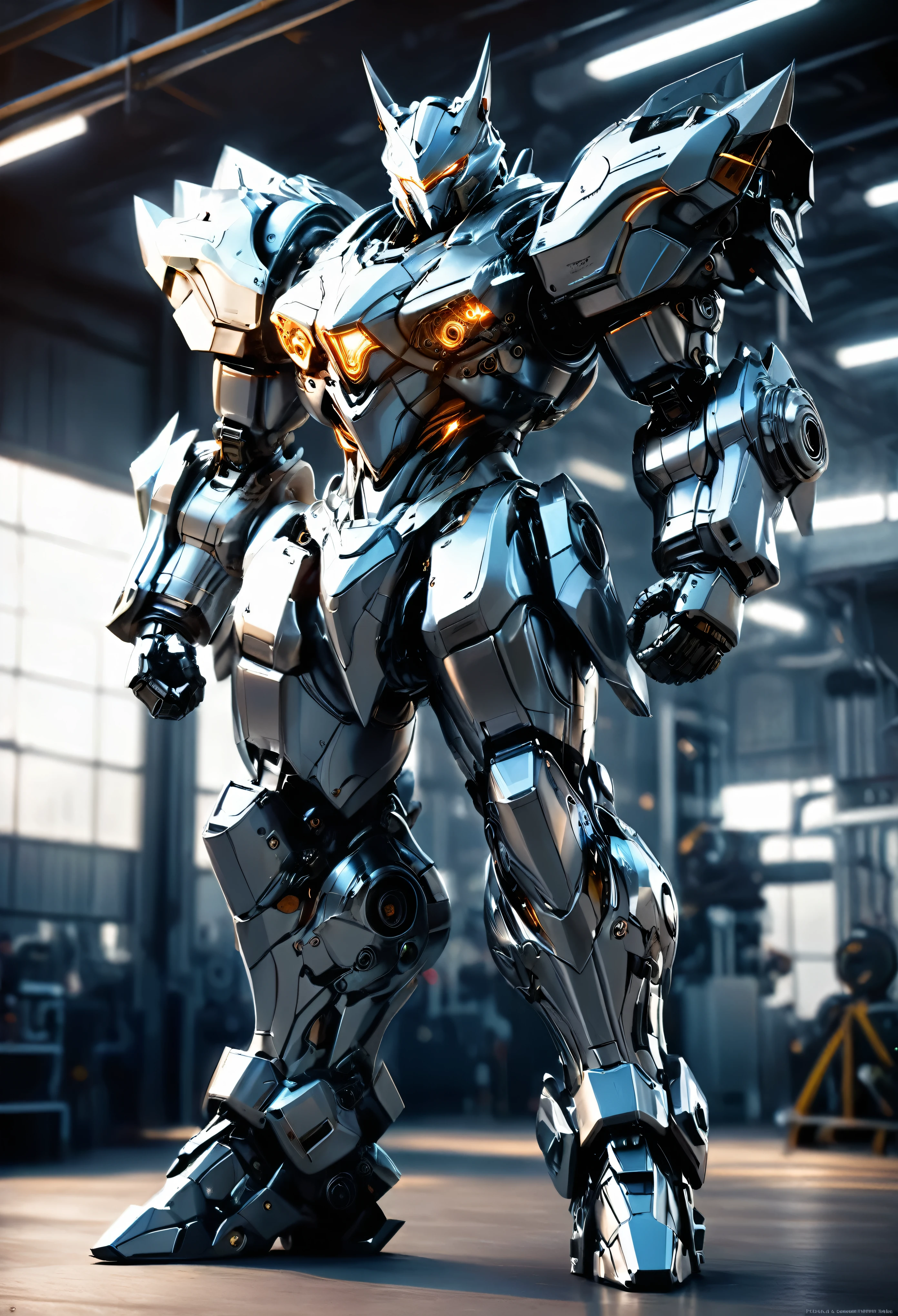 1 black mecha wolf, highly detailed, hyper realistic, white accents, cinematic lighting, photorealistic, 8k, best quality, intricate gears and machinery, powerful pose, glowing eyes, shiny metallic surfaces, dramatic shadows, depth of field, elegant design, dynamic composition, full body