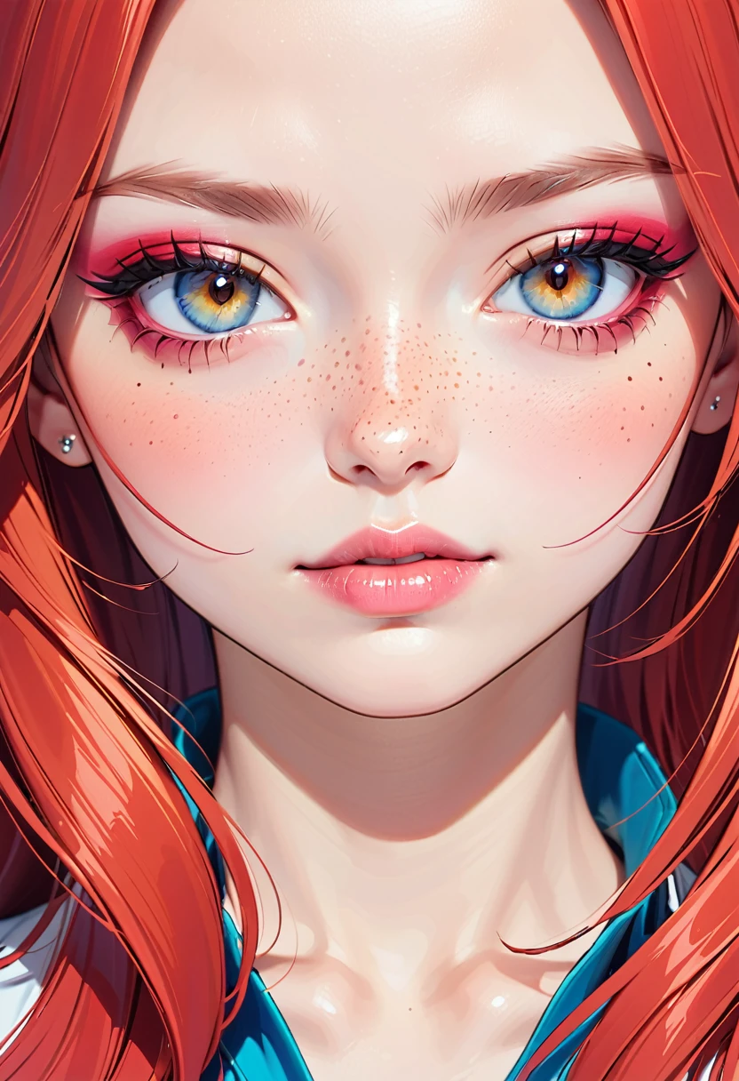 masterpiece, Best Quality, {Best Quality}, {{masterpiece}}, {High resolution}, concentrated, Anime Style, Woman cartoon close up, Girl Design, Portrait, Gisha, Anime illustrations, Long Hair, Red Hair, Redhead, Straight eyes, A sophisticated and powerful look, exotic, Tall, Freckles, Cheerful, Casual chic outfit, colorful, colors  