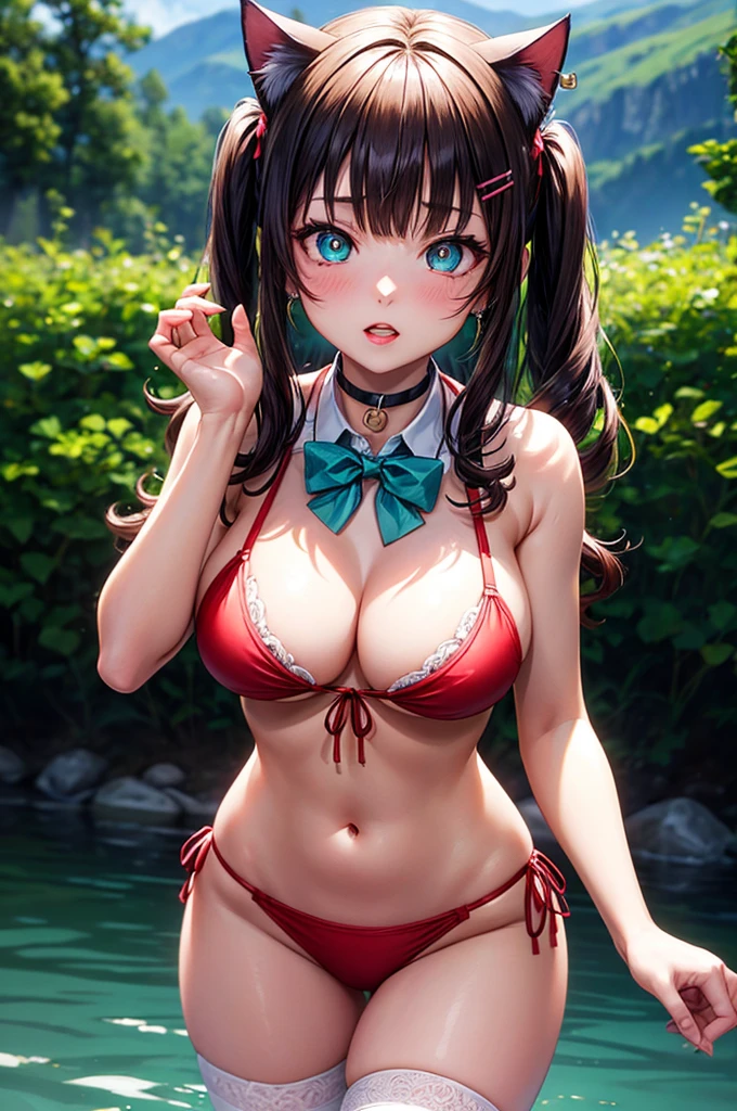 1 girl, Nezuko Kamado (Demon Slayer) LORA,bright, black hair, long hair,black with slit pupils, y pose, white lingerie, white panarterbelt with white stocking, laying on the lake, forest, wet, drenched, nipple pert from under bikini, nipple see throu, embarrassed,Nezuko Kamado (Demon Slayer) LORA