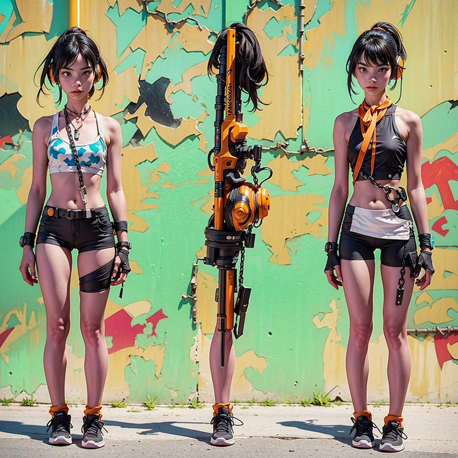 A very pretty cyberpunk samurai、20-year-old woman、Dreadlocks、Brown Skin、He is posing with a glowing orange sword in each hand.、（A futuristic, mechanized cyberpunk outfit、Large headphones hanging around his neck、black bra top、Cross accessory on arm、A chain is wrapped around his wrist、Black and orange 5/8 length sarouel pants、Cyber Sneakers、Standing surrounded by concrete、Spray graffiti on the wall、A scene where someone is jumping and slashing、Looking at the camera、Angle from below、Full body portrait
