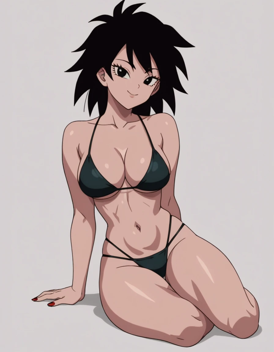 source_anime, score_9, score_8_up, score_7_up, anime screencap, absurd res, official style, gine, 1girl, solo, breasts, looking at viewer, black hair, black eyes, smile, black bikinis, spiked hair, cleavage, lotus position, sitting pose, grey background, red fingernails, eyelashes, collarbone, closed mouth