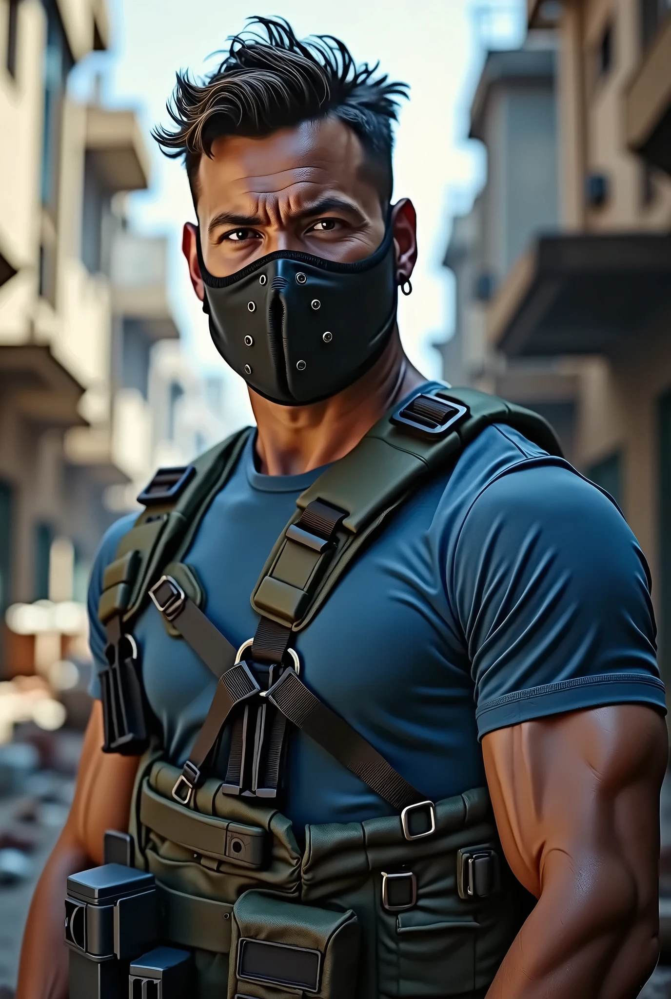 Create an image of a muscular character standing in a grassy field at night. The character is wearing an open jacket, revealing their defined abs. The jacket has red cuffs, and the character is wearing dark pants. Their face is partially covered with a skull mask, giving them a mysterious and threatening appearance. The lighting is dim, adding to the dark and enigmatic atmosphere, fighting pose. Un hombre muy musculoso, fisicoculturismo, and strong constitution. He has a well-defined jaw and a serious expression, doesn't look at the camera. Su piel es clara, y tiene barba corta. karateka, pants, chaqueta gruesa abierta mostrando su torso bien definido, hermoso rostro,lleno de luz,Una mirada decidida, corte militar, ruso, apocalyptic city background, luchando contra zombies, punches against zombies, torso peludo, cara mirando a otro lado, no background vacío