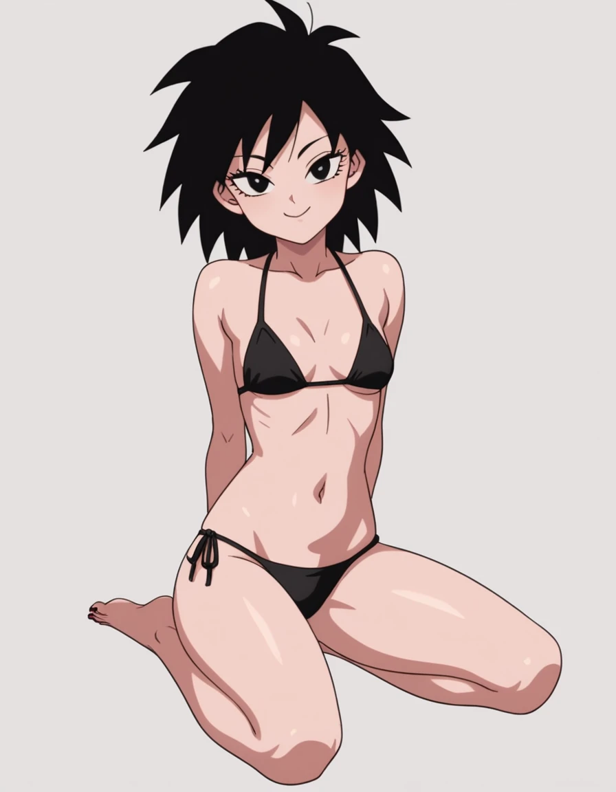 source_anime, score_9, score_8_up, score_7_up, anime screencap, absurd res, official style, gine, 1girl, solo, small breasts, looking at viewer, black hair, black eyes, smile, black bikinis, spiked hair, cleavage, lotus position, sitting pose, grey background, red fingernails, eyelashes, collarbone, closed mouth
