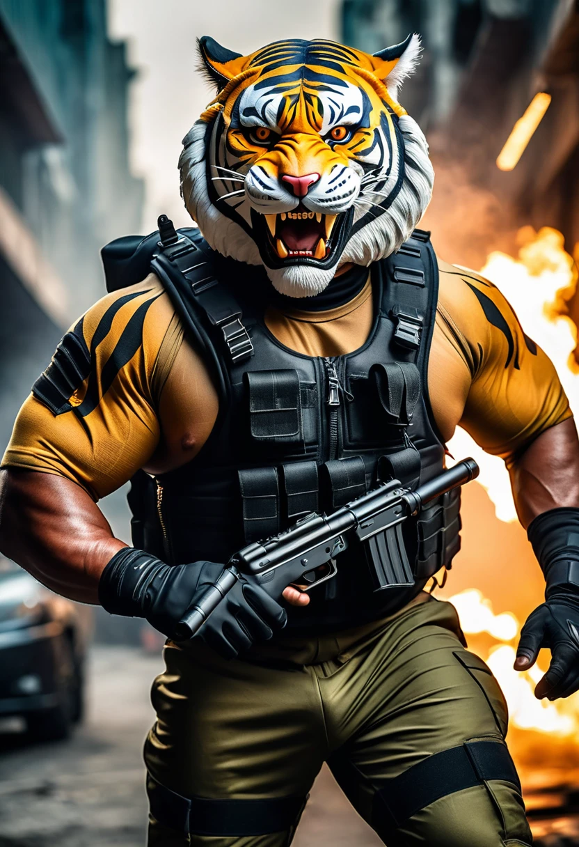 (a dark-skinned fat muscular old man in a bulky army camouflage zipper diver suit) carrying a machine gun, (wearing realistic roaring tiger mask), dynamic action pose, fierce expression, showcasing an imposing stature, surrounded by military elements, dramatic shadows and intense highlights, cinematic color tones, high detail, powerful, art influenced by Bruce Onobrakpeya and Stanley Artgerm, ultra-detailed, best quality image, action-packed atmosphere. fighting stance