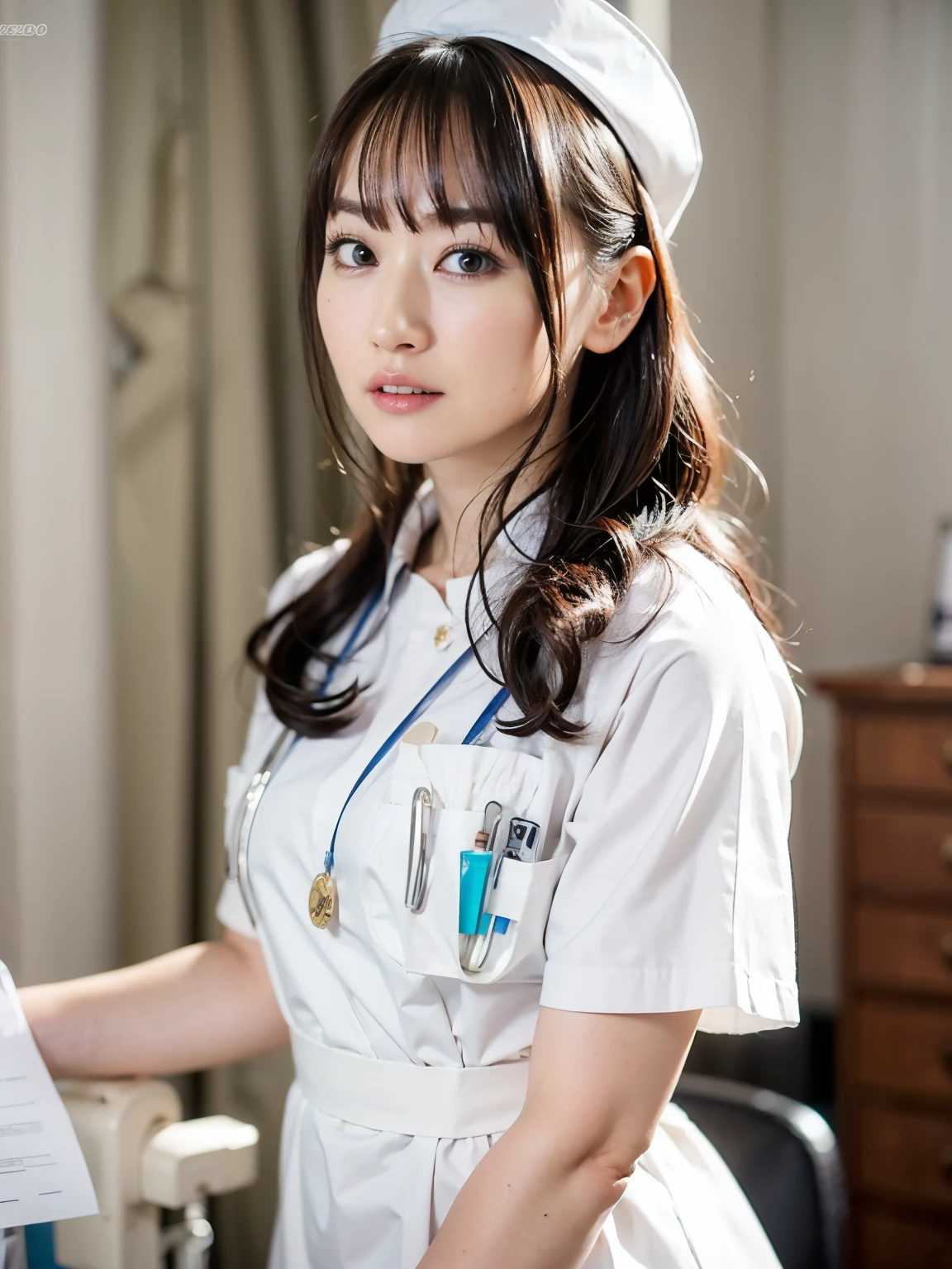 (masterpiece:1.2), super high quality, japanese girl, 1 girl, slender body, (18-year-old), smiling, sunshine, thighs, nurse uniform, hospital room, 