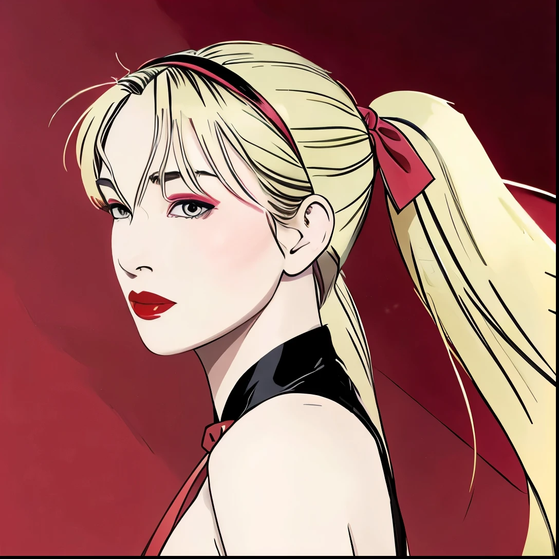 Long Hair, Blonde, ponytail, Headband, Red lips, ribbon, 