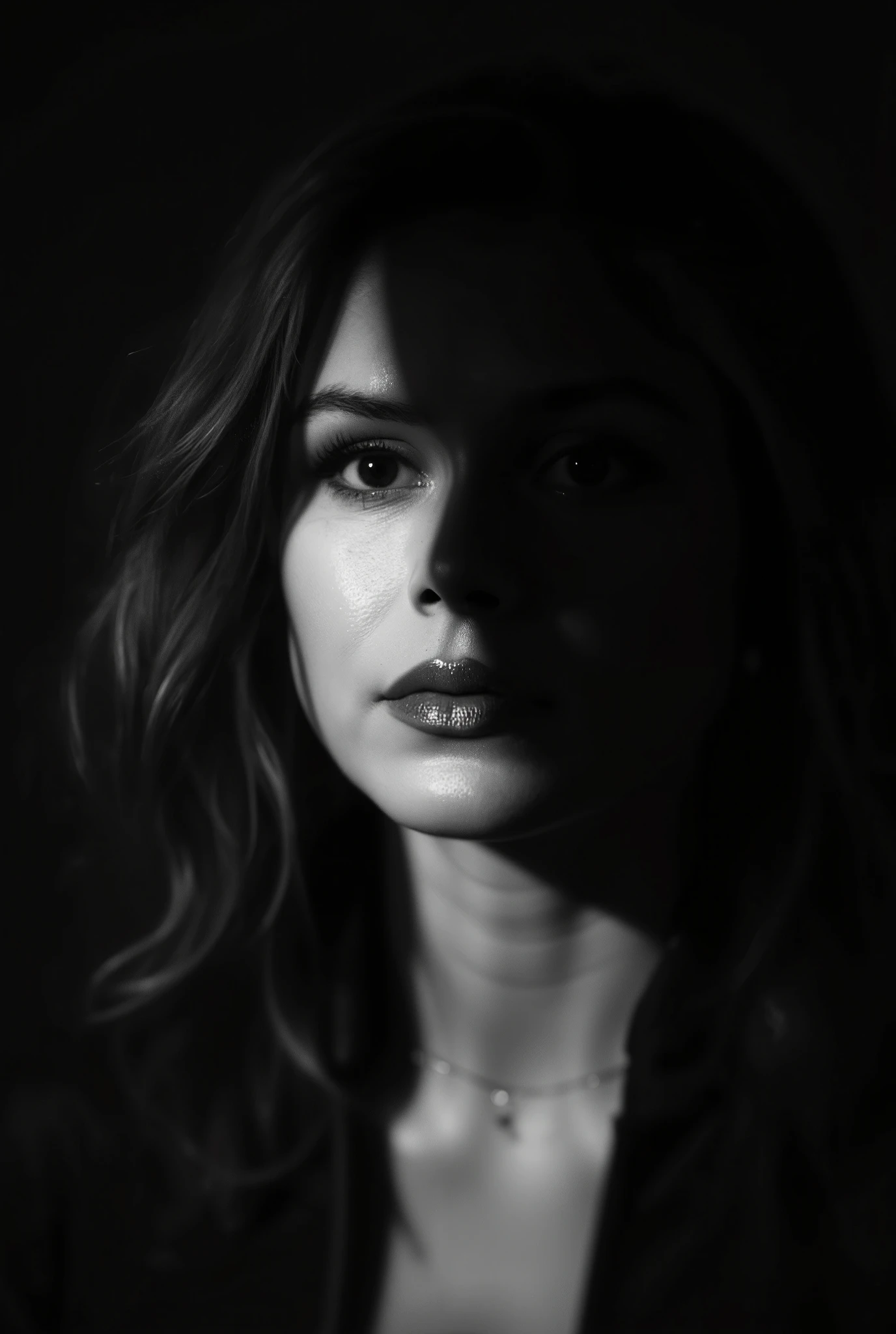 A stunning artistic photograph in which the play of light and shadow creates a mysterious and dramatic atmosphere. The face partially hidden in the shadow of the wall gives the image an intriguing look. Bright eyes and glossy lips stand out against the darkness, drawing attention . High contrast black and white photography, monochromatic palette, chiaroscuro, god rays, Social realism, bokeh, Sony FE, 85mm, f/1.8, 8k, best quality, high details, super detail, textured skin, anatomically correct, accurate, masterpiece