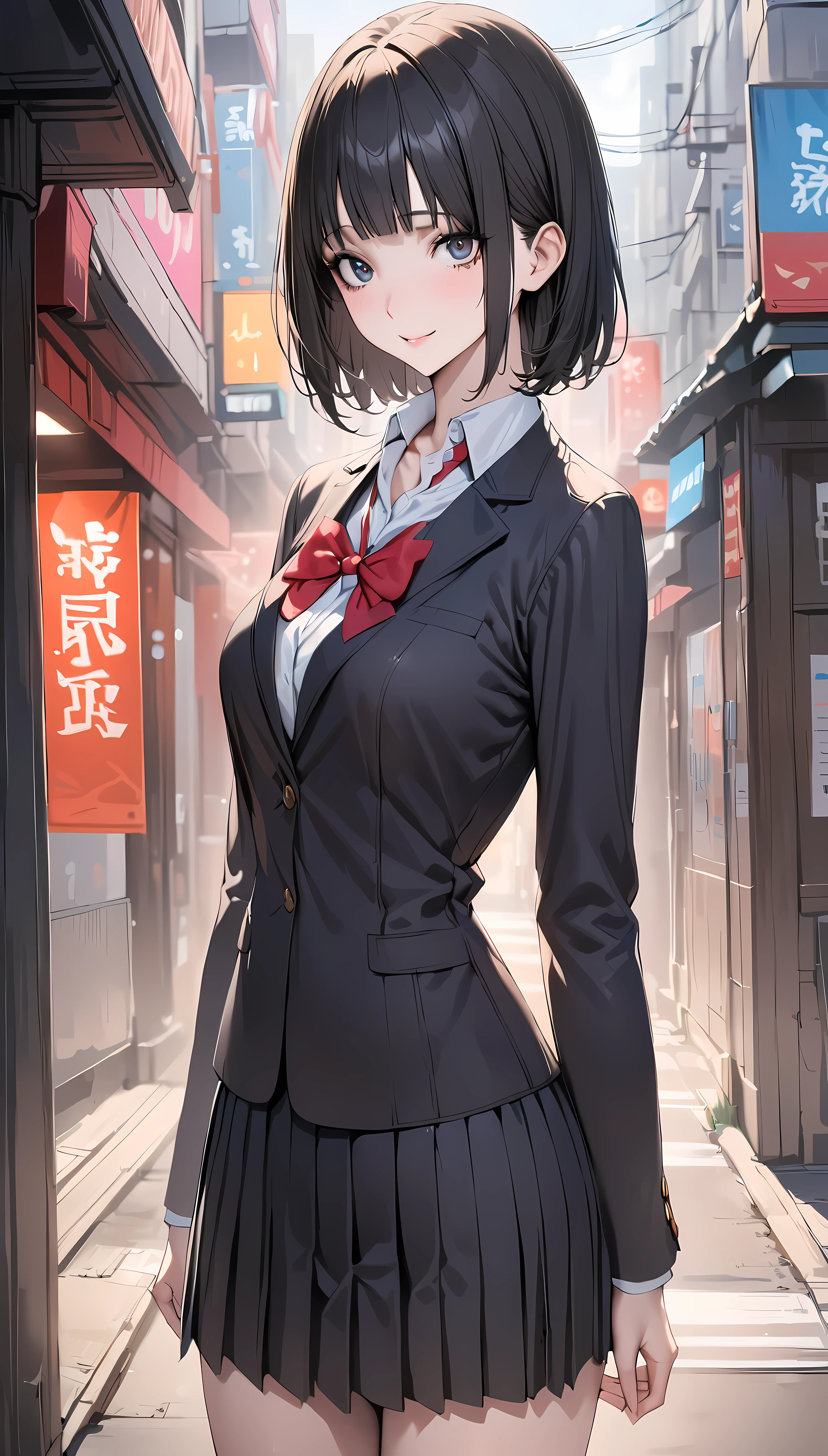 Girl, Dynamic Angle, (Sky:1.6), (Masterpiece, Best Quality, Perspective, Depth of Field: 1.5), Beautiful Face, Thighs, 8K, Absurdity, Kabukicho at Night, HDR, Photorealism, Film Grain, Chromatic Aberration, High Resolution, Ultra Detail, Shadow, Sharp Focus, Very Detailed Eyes and Face, Sharp Pupils, Realistic Pupils, Beautiful Wet Black Hair, Braided Side Ponytail, Beautiful red eyes, white shirt, tie, pleated skirt, black socks, black shoes, weapon holding sniper rifle, fight with weapons, white underwear, makeup, black gloves,military jacket,