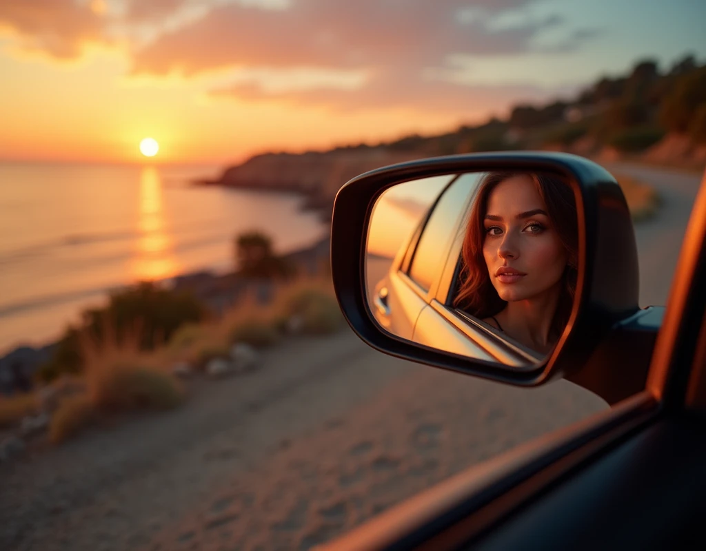 1 side mirror, beautiful woman reflected only in side mirror, woman leaning against car, A comfortable face, side mirror view with dazzling sunset background, side mirror reflection. next to the reflecting ocean, summer setting, during sunset, sunset reflected, clear view, amazing view, twilight photo, hdr photo 