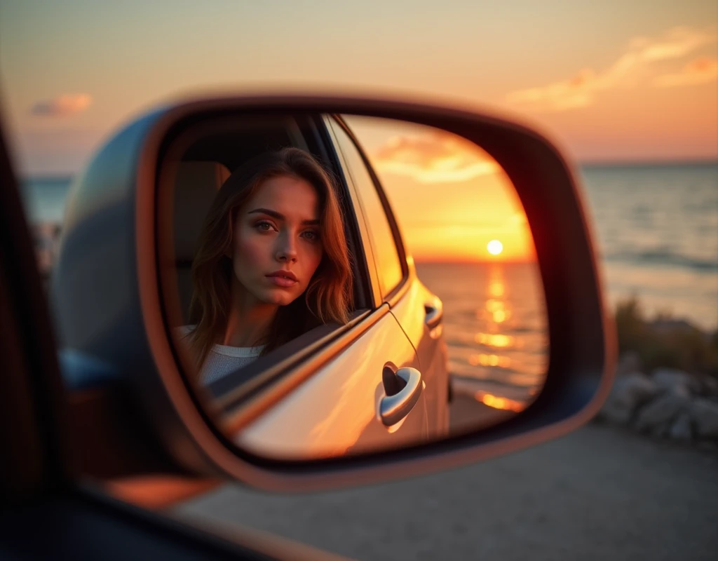 1 side mirror, woman getting out of car and leaning against it, beautiful woman reflected only in side mirror, A comfortable face, side mirror view with dazzling sunset background, side mirror reflection. next to the reflecting ocean, summer setting, during sunset, sunset reflected, clear view, amazing view, twilight photo, hdr photo 