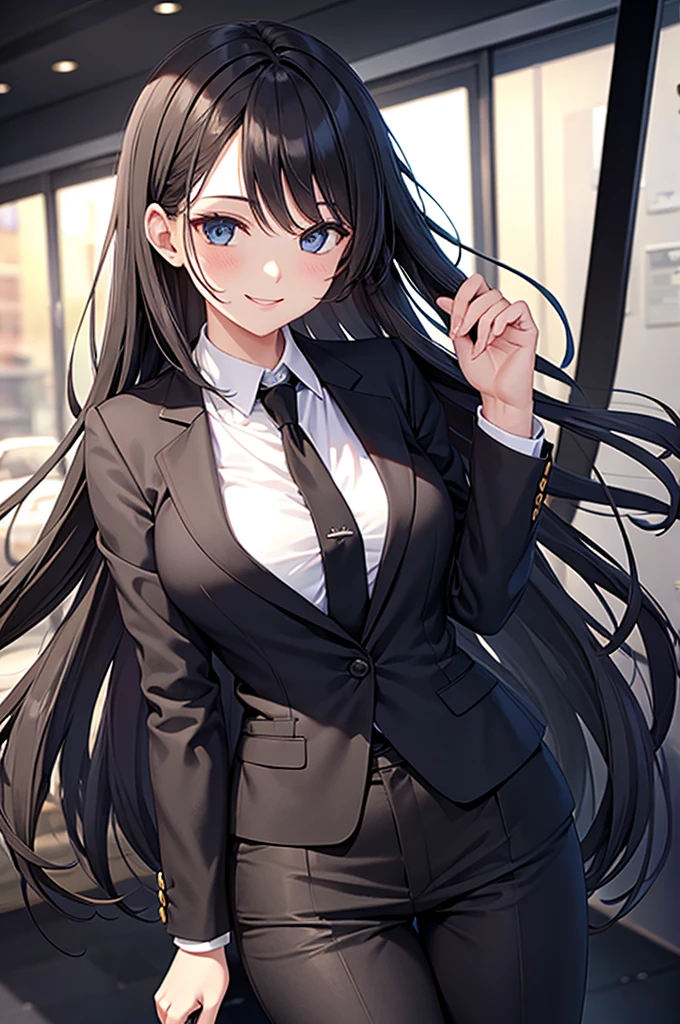 1girl, light blue buisness suit, dark green eyes, confident, friendly smile, black dyed curly hair, medium bust, blushing