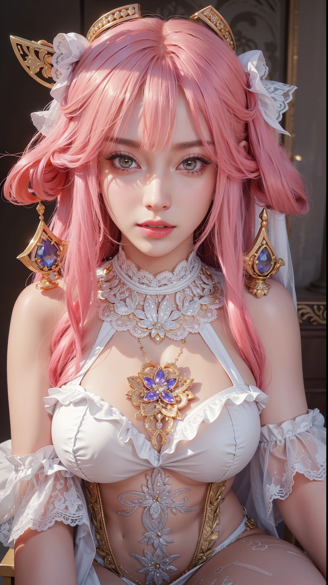 Game Art，Best image quality，Maximum resolution，8k，(A half-length photo)，(portrait)，(Head close-up)，(Rule of Thirds)，Unreal Engine 5 rendering works，20 year old girl，((Queen))，The eyes are very detailed，(Large Breasts)，Elegant and noble，Light，Light线追踪，Game CG，((3D Unreal Engine))，OC rendering reflection mode，4K，Ultra-clear，Sensual，Translucent lace，Fair and plump figure，Pretty Face，Light泽凝胶涂层，身着华贵礼服的Queen，Crystal Gem Crown，Necklace jewelry，blue eyes，The tattoo is very three-dimensional，Gorgeous and intricate tattoo designs，Ultra-clear portrait，Sexy body，Temple Princess，Sapphire eyes，Gorgeous clothes，