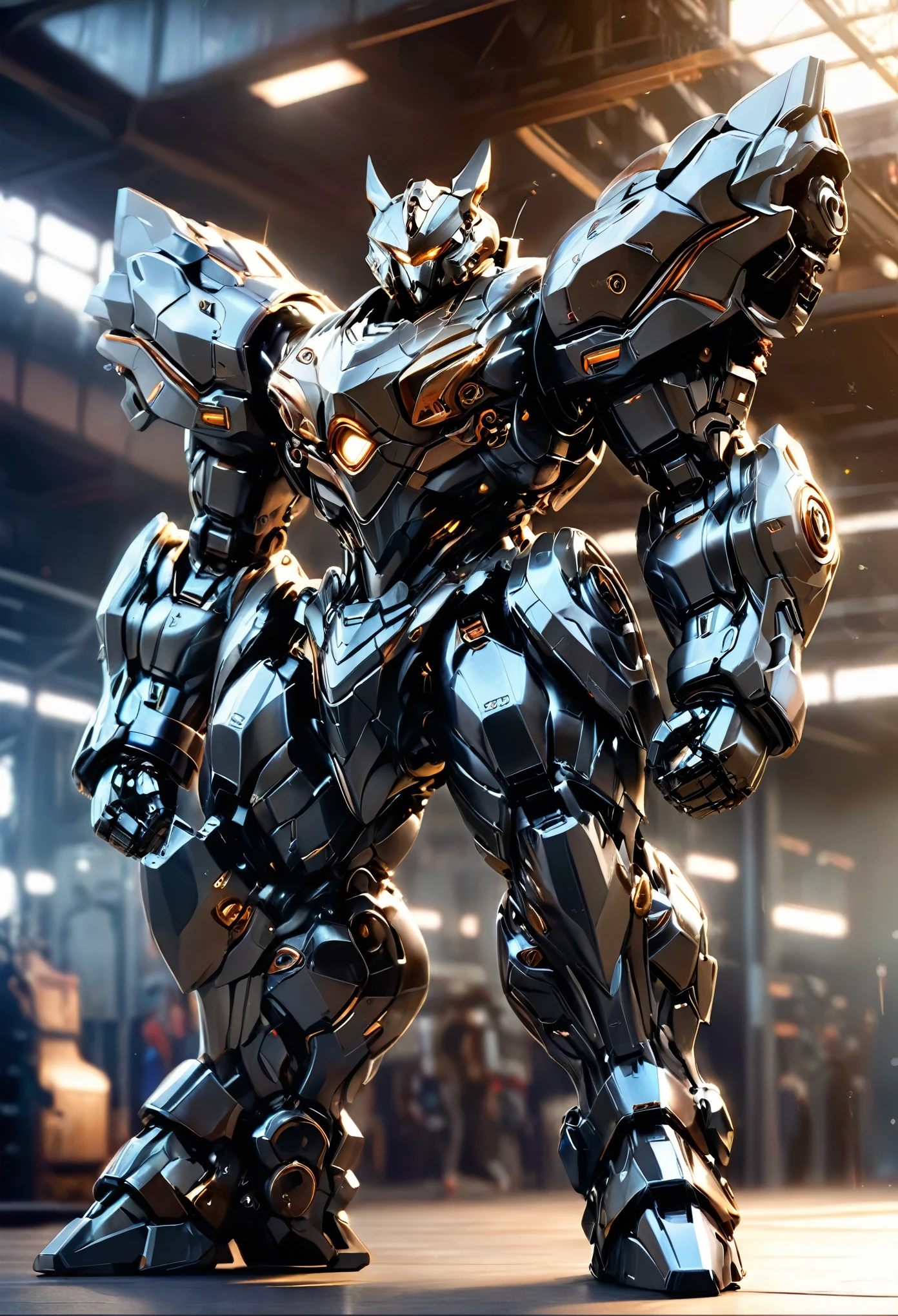 1 black mecha bear, highly detailed, hyper realistic, brown accents, cinematic lighting, photorealistic, 8k, best quality, intricate gears and machinery, powerful pose, glowing eyes, shiny metallic surfaces, dramatic shadows, depth of field, elegant design, dynamic composition, full body