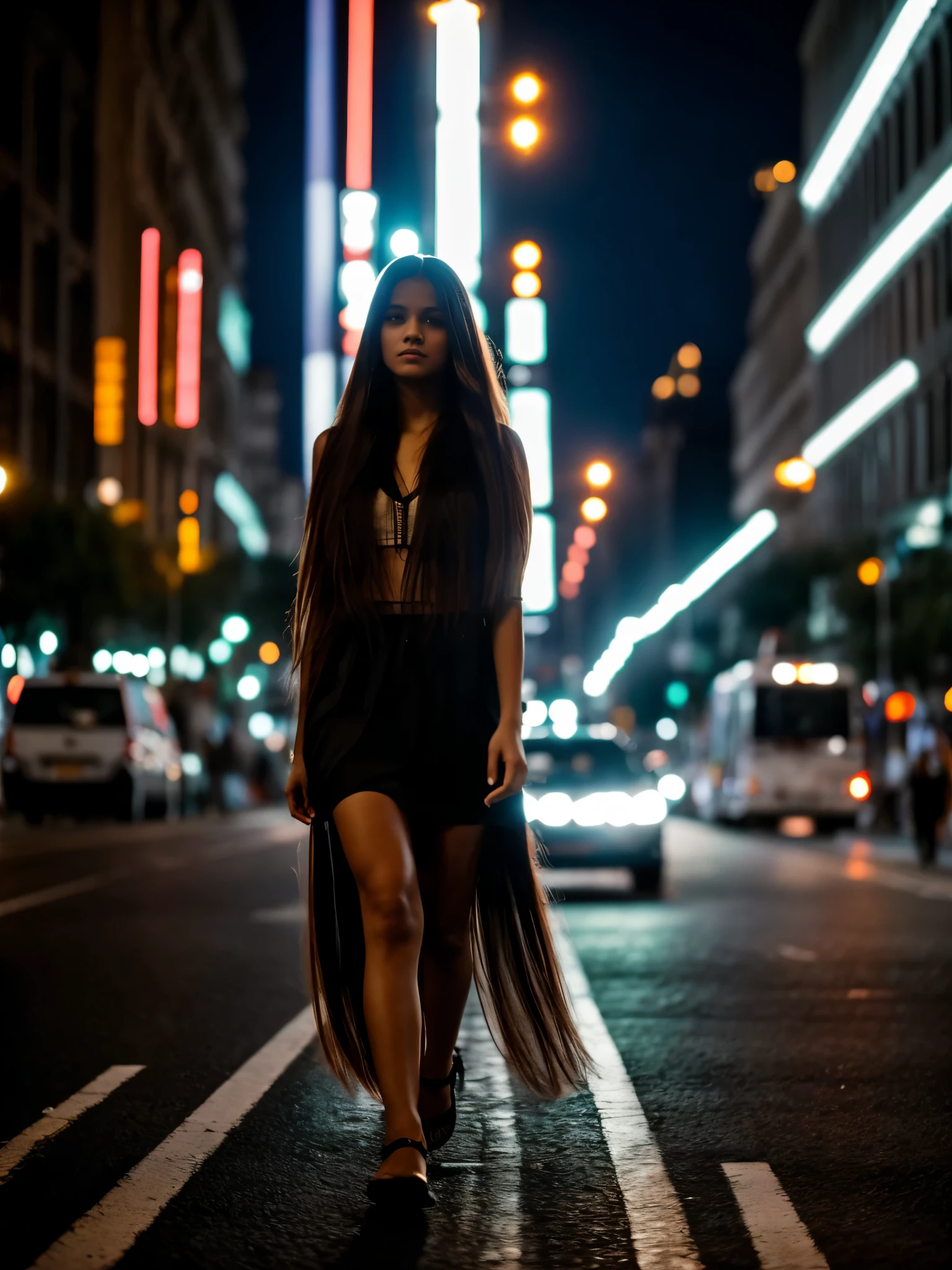 Arafed woman walking down a city street at night - SeaArt AI