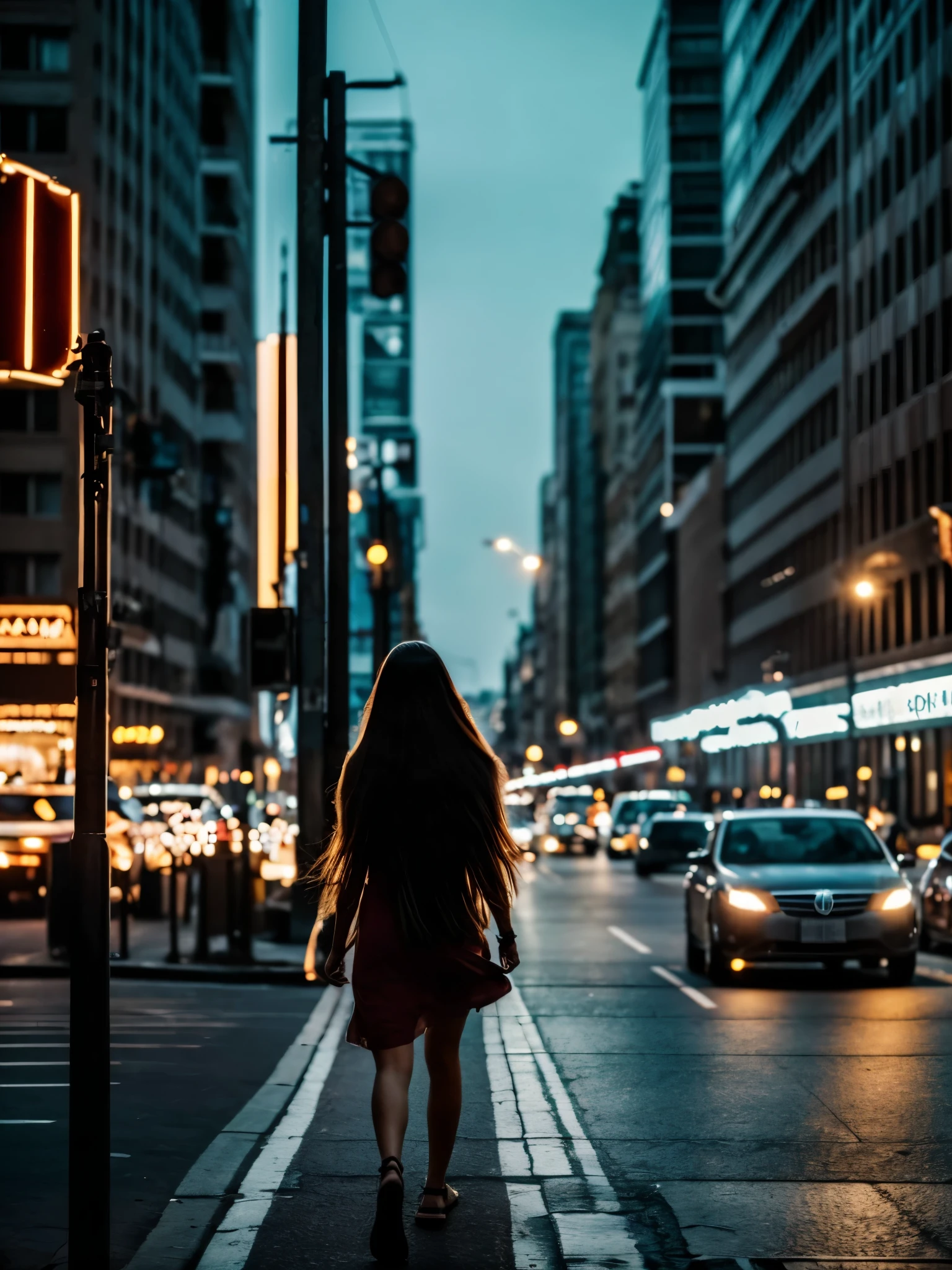 tail lights streaking long exposure, night street car, downtown, close up woman stand side of street <lora:long exposure:1>