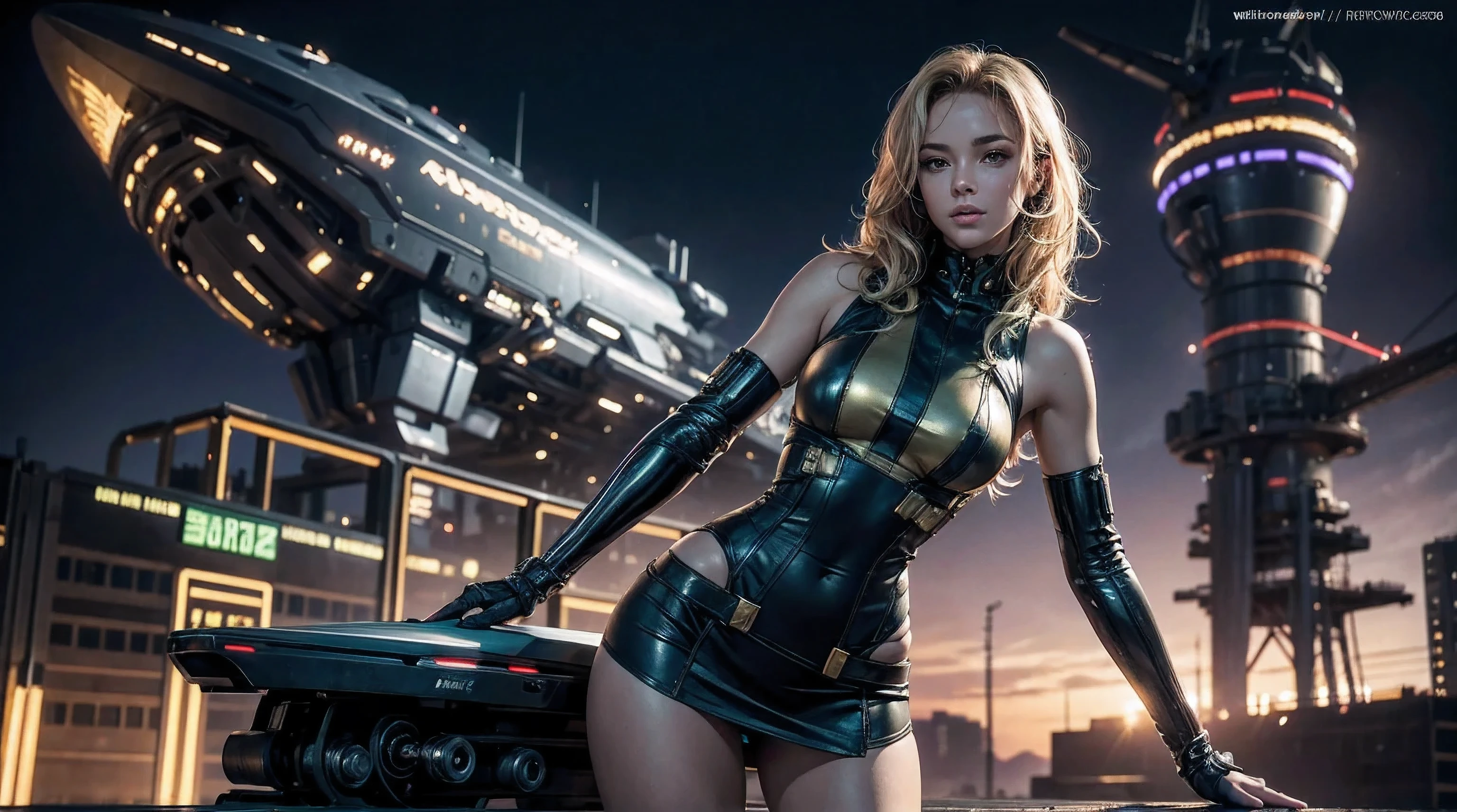 1women,  solo,  8K high Resolution,  Masterpiece,  Best Quality,  hyper-realistic,  cinematic Light,   hips up,  Abs,  Perfect Figure,  Ultra Fine Face,  Delicate Lips,  Beautiful,  dewy skin,  Wavy Green hair,  super fine hand,  fine finger,  Cyber punk Mini Dress with intricate gold accents,  micro mini skirt,  detailed,  mild smile,  Slim thighs,  Night,  ruined rooftop,  cinematic pose,  standing,  in front of a Space Ship