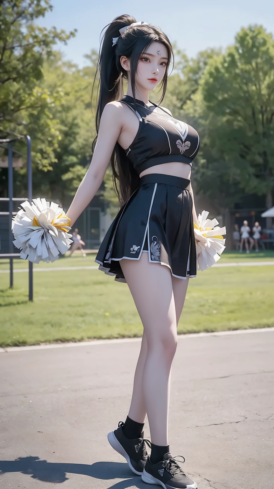 masterpiece,Best quality,Official Art,Extremely detailed CG unity 8k wallpaper,((Cheerleading)),On the playground,Cheerleading,Long hair,Single ponytail,Large target,Become a,Black silk,Pantyhose,(Large Breasts),(Full Body Love),Eero 404,(Short skirt),