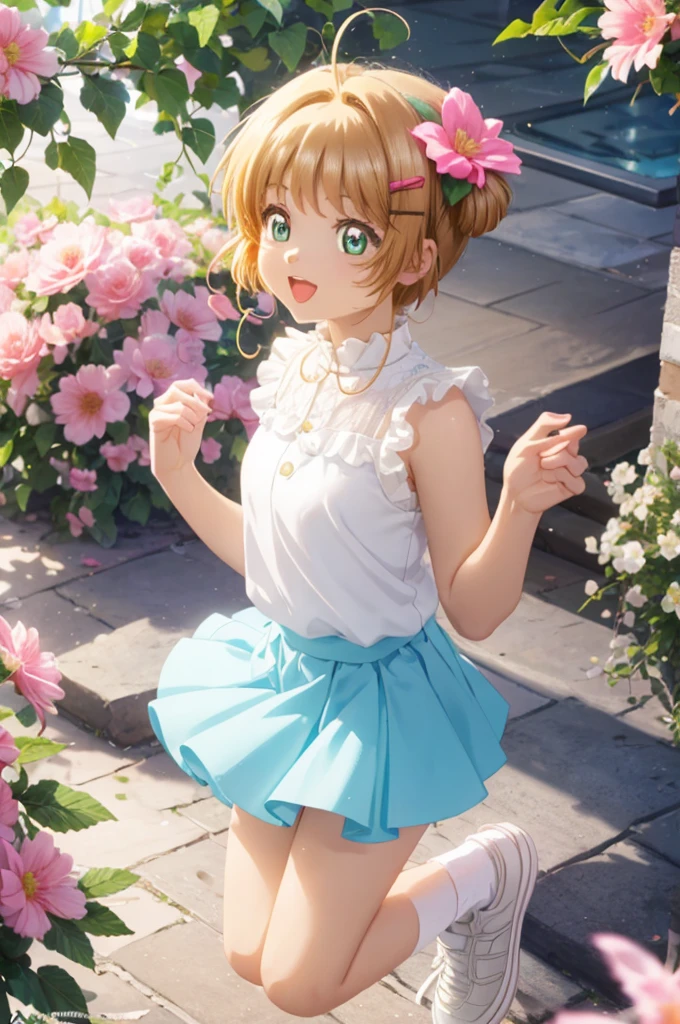 masterpiece, highest quality, 1 girl, alone, Kinomoto Sakura, pinafore dress,,raise your legs , two side up,flower garden, blue sky, smile,kicking, raise your feet, panty shot, standing split, stand on one leg