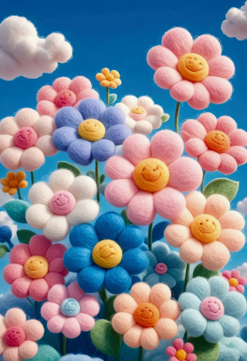 Colorful wool flower, cute, fluffy, dreamy style. Made of felt, soft edge, pink background, high resolution octane rendering, 3D,C4D,oc rendering, mixer style, soft light