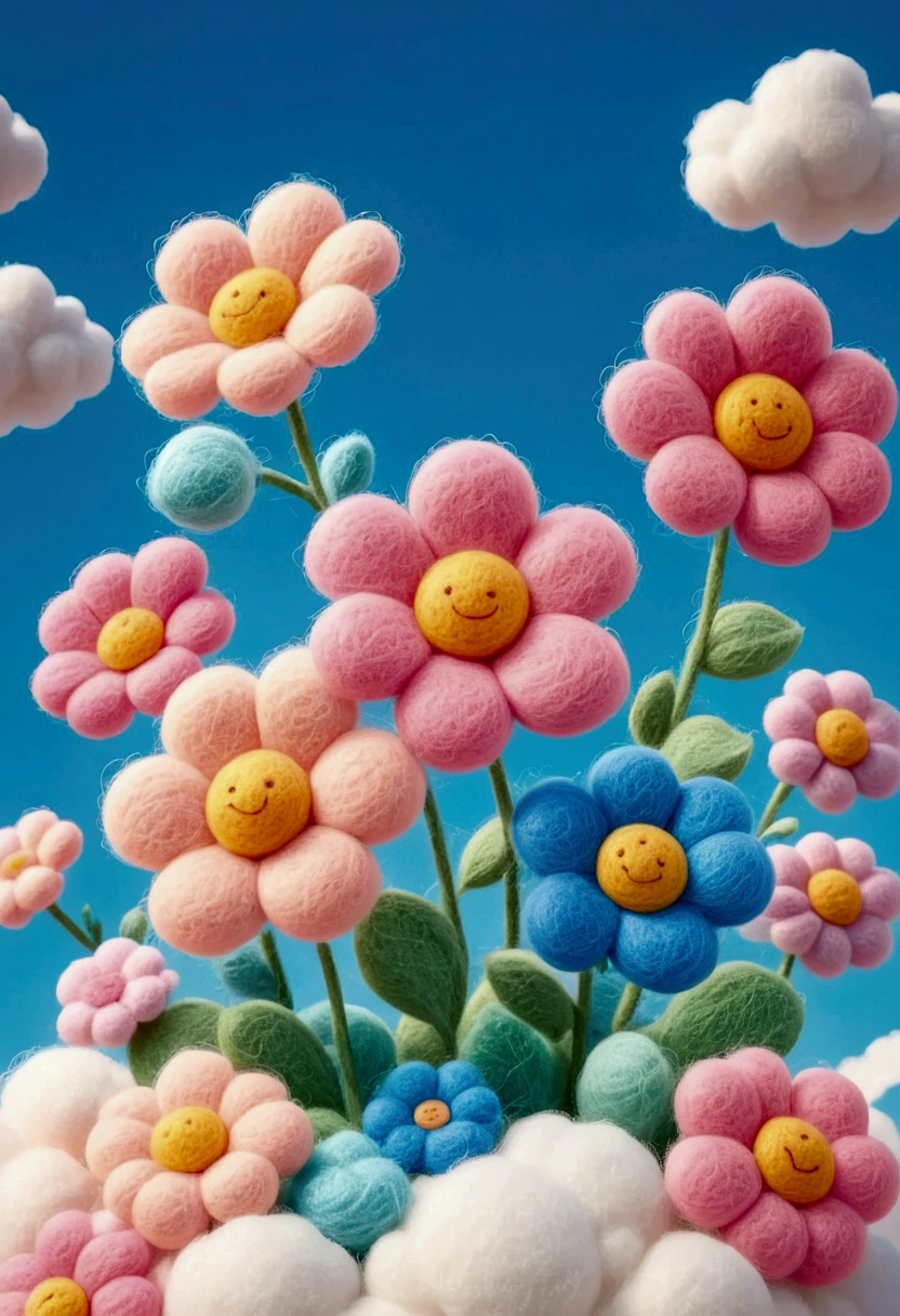 Colorful wool flower, cute, fluffy, dreamy style. 3D,C4D,oc rendering, mixer style, soft light