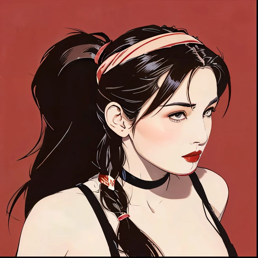 Long Hair, ponytail, Headband, Red lips, ribbon, Large Breasts, Brown Hair, 