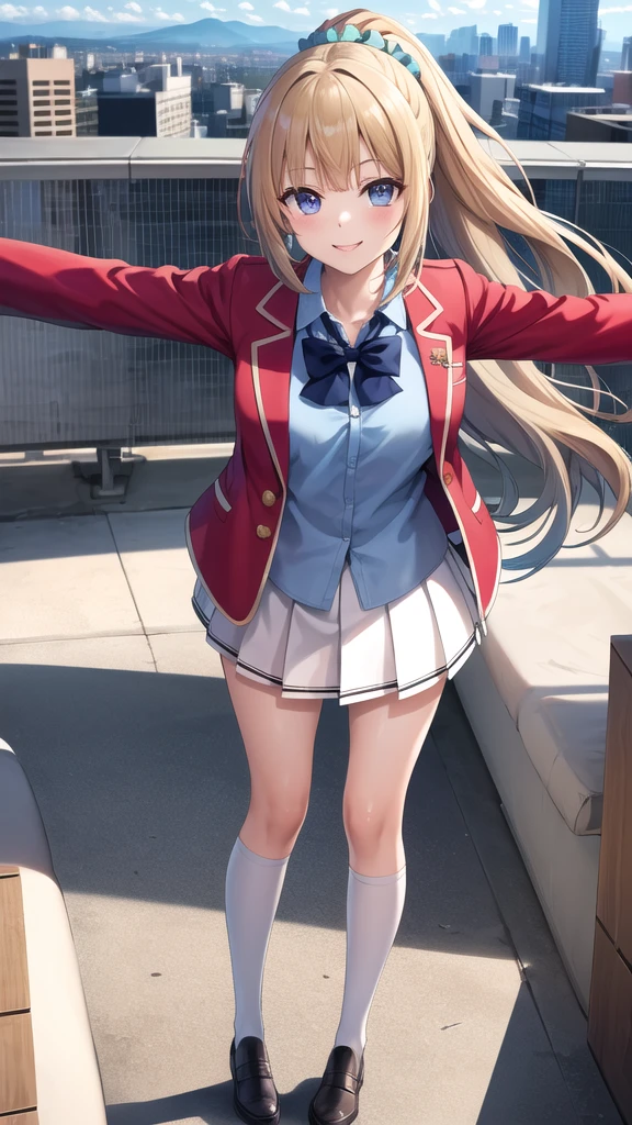 masterpiece, best quality, highres, bbkei, long hair, blonde hair, ponytail, hair scrunchie, collarbone, blue bowtie, collared shirt, blue shirt, red jacket, blazer, open jacket, long sleeves, pleated skirt, white skirt, rooftop, outstretched arms, standing, smile, city