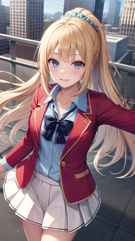 masterpiece, best quality, highres, bbkei, long hair, blonde hair, ponytail, hair scrunchie, collarbone, blue bowtie, collared shirt, blue shirt, red jacket, blazer, open jacket, long sleeves, pleated skirt, white skirt, rooftop, outstretched arms, standing, smile, city