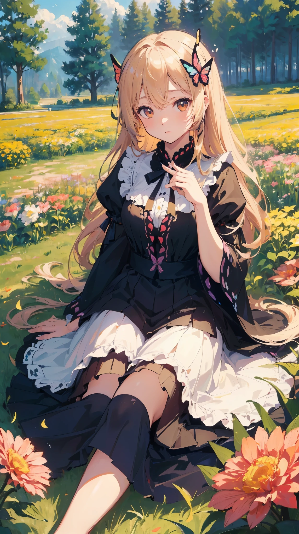 (masterpiece: 1.2), (Very detailed: 1.2), (Very detailed CG: 1.2), (high quality: 1.2), (最high quality), 8k, Anime illustration, Girl sitting in a flower field,A butterfly with a slightly sad expression々View、((A butterfly is resting on my finger々))、Butterflies fluttering々dance、Beautiful work