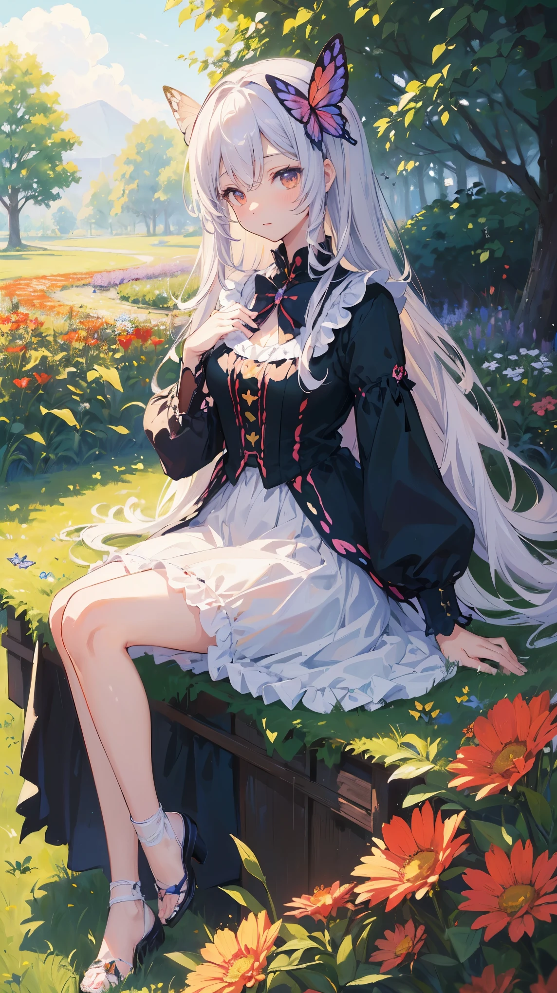 (masterpiece: 1.2), (Very detailed: 1.2), (Very detailed CG: 1.2), (high quality: 1.2), (最high quality), 8k, Anime illustration, Girl sitting in a flower field,A butterfly with a slightly sad expression々View、((A butterfly is resting on my finger々))、Butterflies fluttering々dance、Beautiful work
